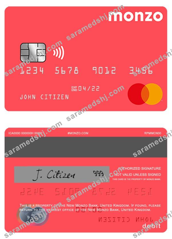 United Kingdom Monzo bank debit mastercard